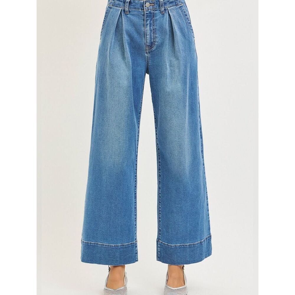 RISEN Slouchy Wide Leg High-Rise Women’s Pleat Trousers Medium Blue Rinse sz 5 - Picture 2 of 7